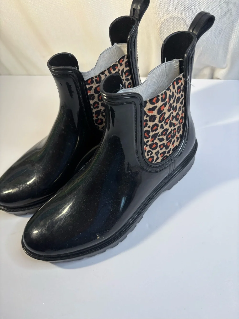 Black Gloss Rain Boots with Leopard Elastic Panels size 9
